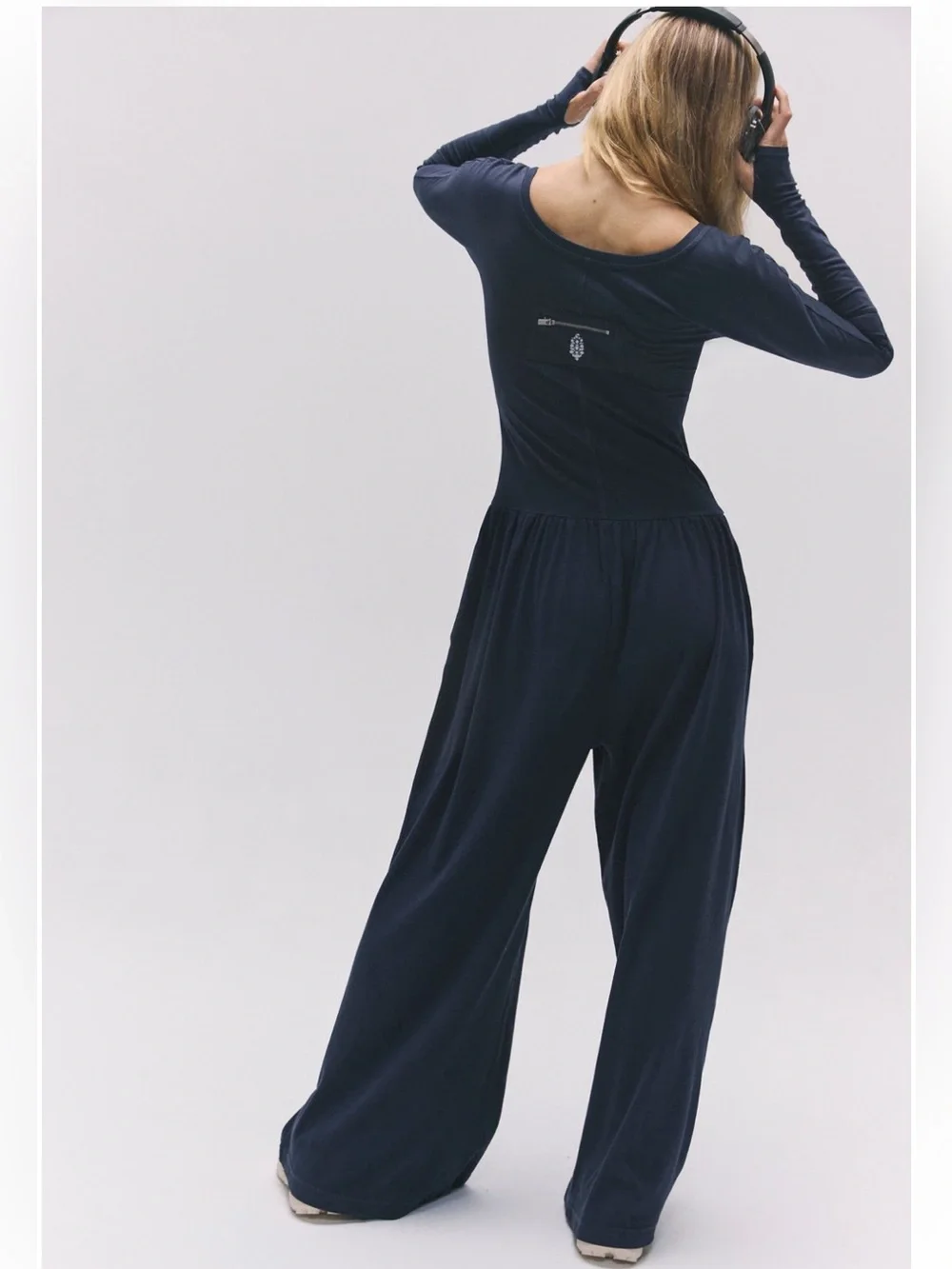 FP Movement hot shot wide-leg long sleeve onesie jumpsuit midnight navy blue